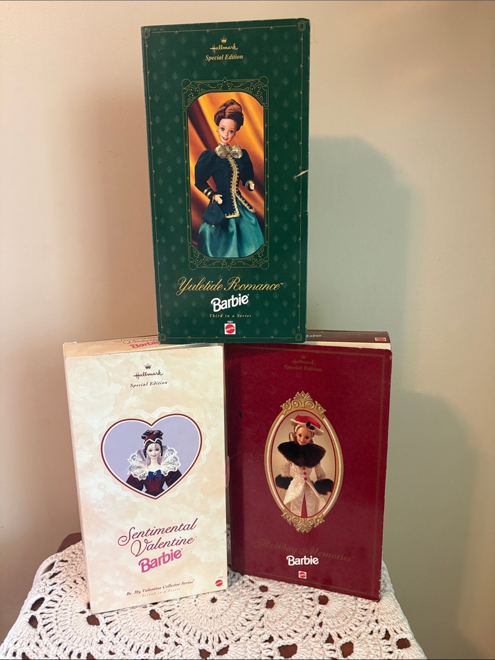 3 - Barbie Hallmark collectible Dolls in Green, Red, Cream Boxes